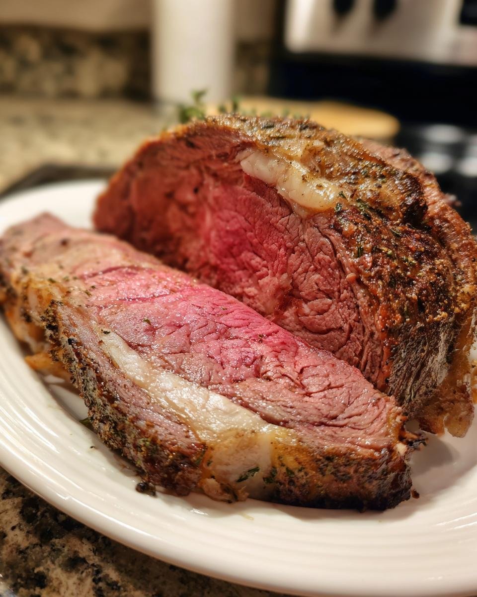 Close-up of a perfectly cooked Prime Rib Roast, sliced to show a medium-rare center.