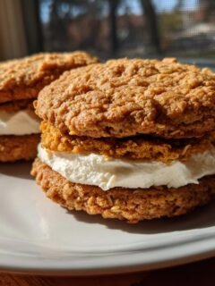 Two delicious Pumpkin Oatmeal Cream Pies with thick white frosting filling sitting on a white plate near a window.
