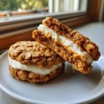 Two delicious Pumpkin Oatmeal Cream Pies, one cut in half showing the creamy filling between the oatmeal cookies.