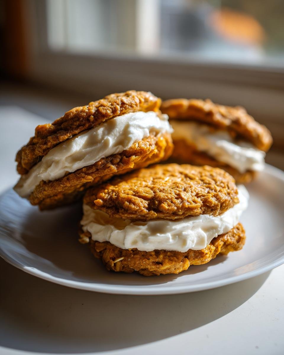 Three homemade Pumpkin Oatmeal Cream Pies stacked on a white plate, featuring soft pumpkin cookies and thick cream filling.