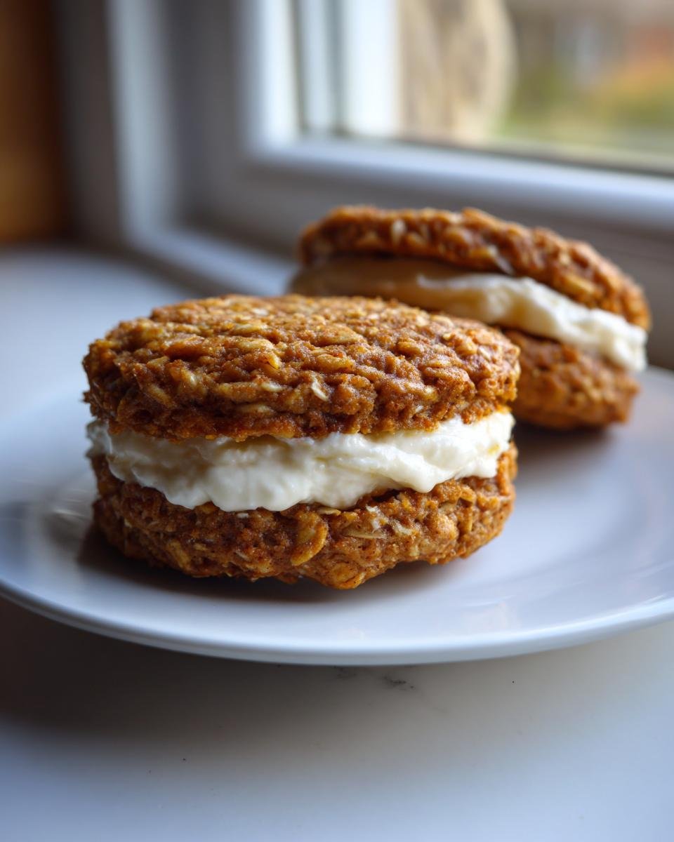 Two delicious Pumpkin Oatmeal Cream Pies stacked with creamy filling, resting on a white plate near a window.