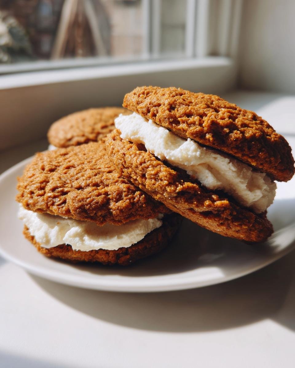 Two delicious Pumpkin Oatmeal Cream Pies stacked with thick white frosting, resting on a white plate near a window.