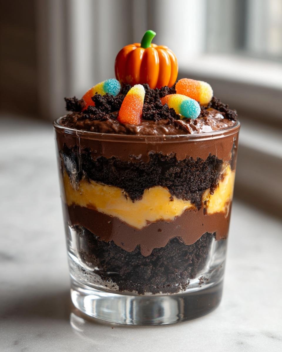 A layered Pumpkin Patch Dirt Cups dessert in a glass, topped with chocolate crumbs, candy corn, and a small pumpkin decoration.
