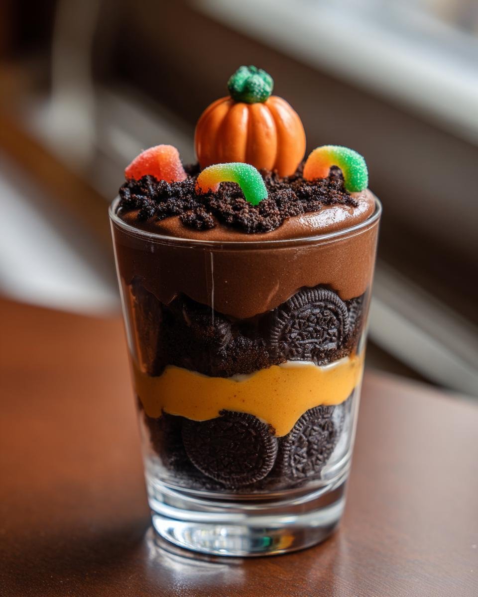 A layered dessert cup featuring chocolate pudding, crushed cookies, and orange filling, finished as Pumpkin Patch Dirt Cups with a candy pumpkin and gummy worms.