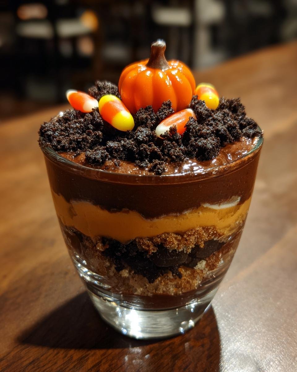 A layered Pumpkin Patch Dirt Cups dessert topped with chocolate crumbs, candy corn, and a small pumpkin candy.