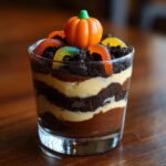A layered dessert in a glass featuring chocolate cake, pudding, and crushed cookies, topped with gummy worms and a small pumpkin for Pumpkin Patch Dirt Cups.