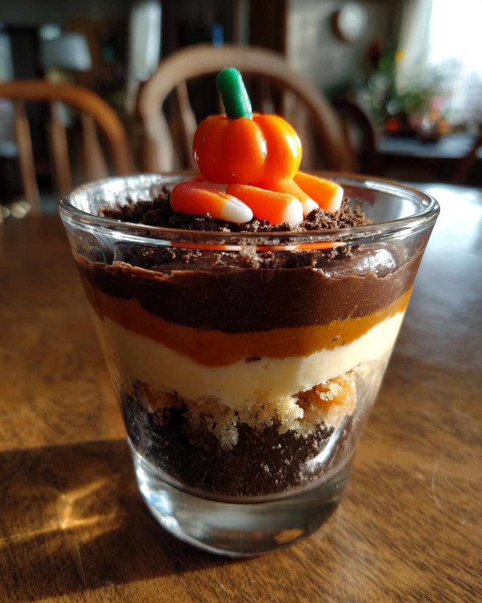 A single serving of Pumpkin Patch Dirt Cups layered with pudding, cream, and crushed cookies, topped with a candy pumpkin.