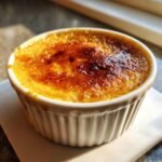 Close-up of a single serving of Pumpkin Pie Brulee with a perfectly torched, caramelized sugar crust.
