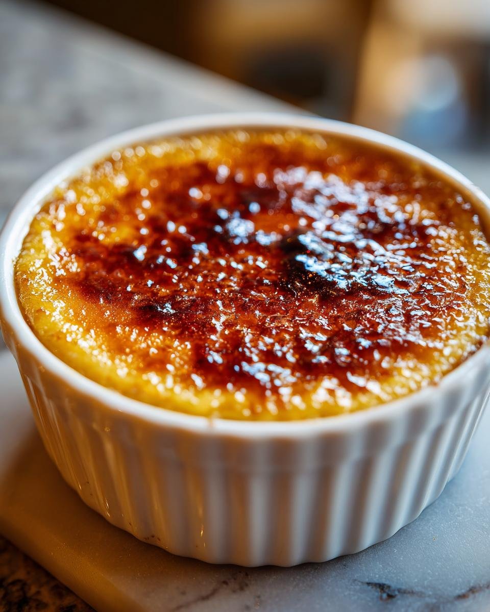 Close-up of a single serving of Pumpkin Pie Brulee with a perfectly torched, caramelized sugar crust.