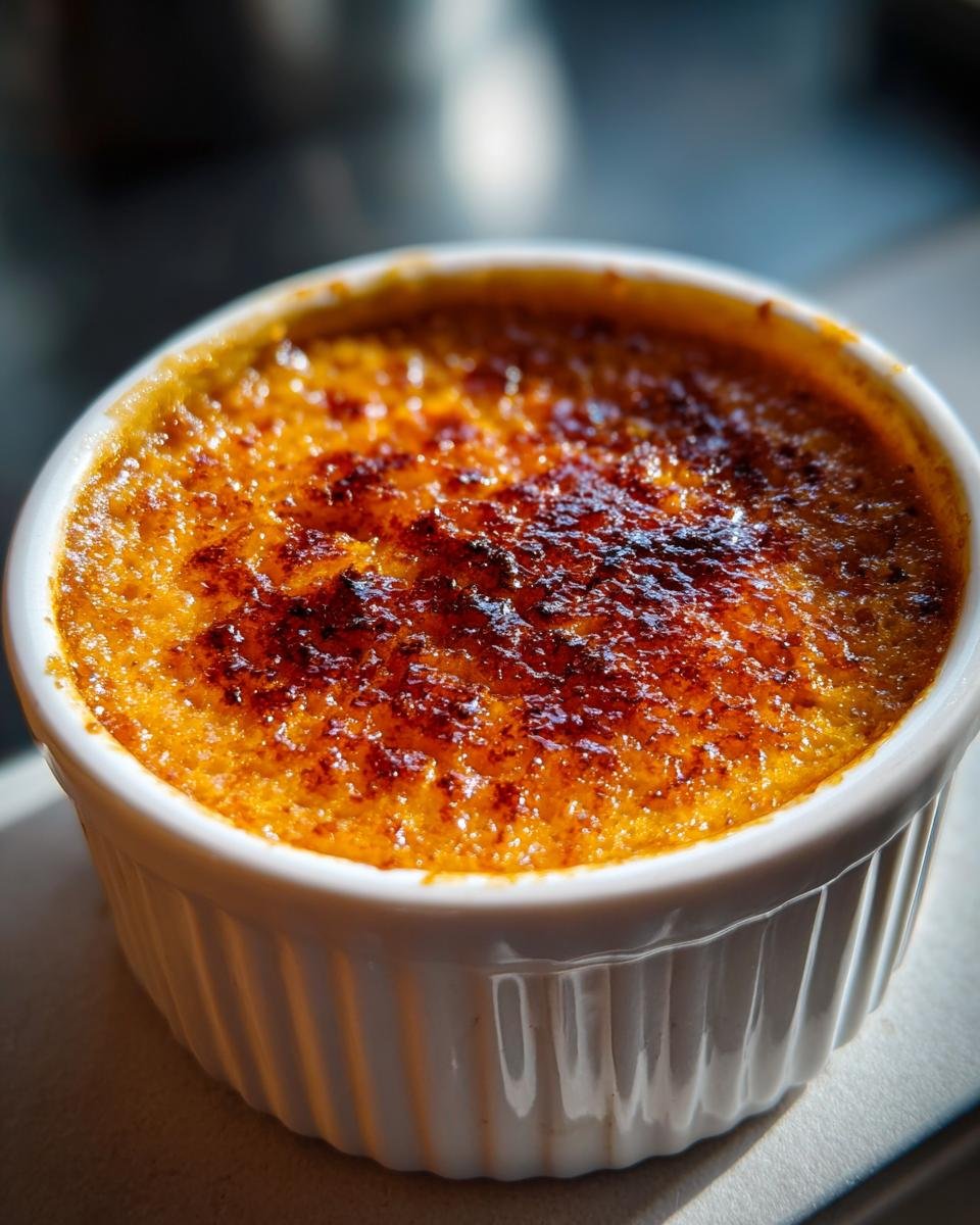 Close-up of a single serving of Pumpkin Pie Brulee with a dark, caramelized, crackly sugar topping.