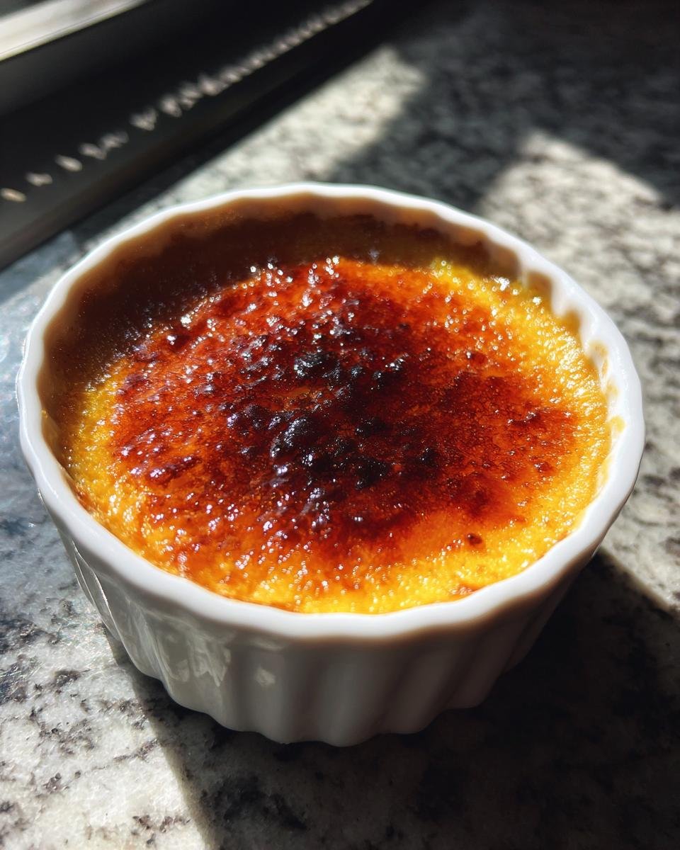 Close-up of a Pumpkin Pie Brulee with a deep amber, torched sugar crust in a white ramekin.