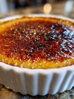 Close-up of a single serving of Pumpkin Pie Brulee with a dark, crackling caramelized sugar topping.