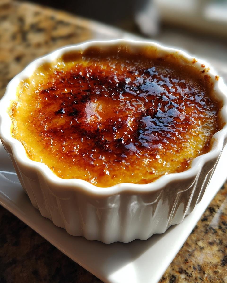 Close-up of a Pumpkin Pie Brulee with a perfectly caramelized, glassy, and dark amber sugar crust.