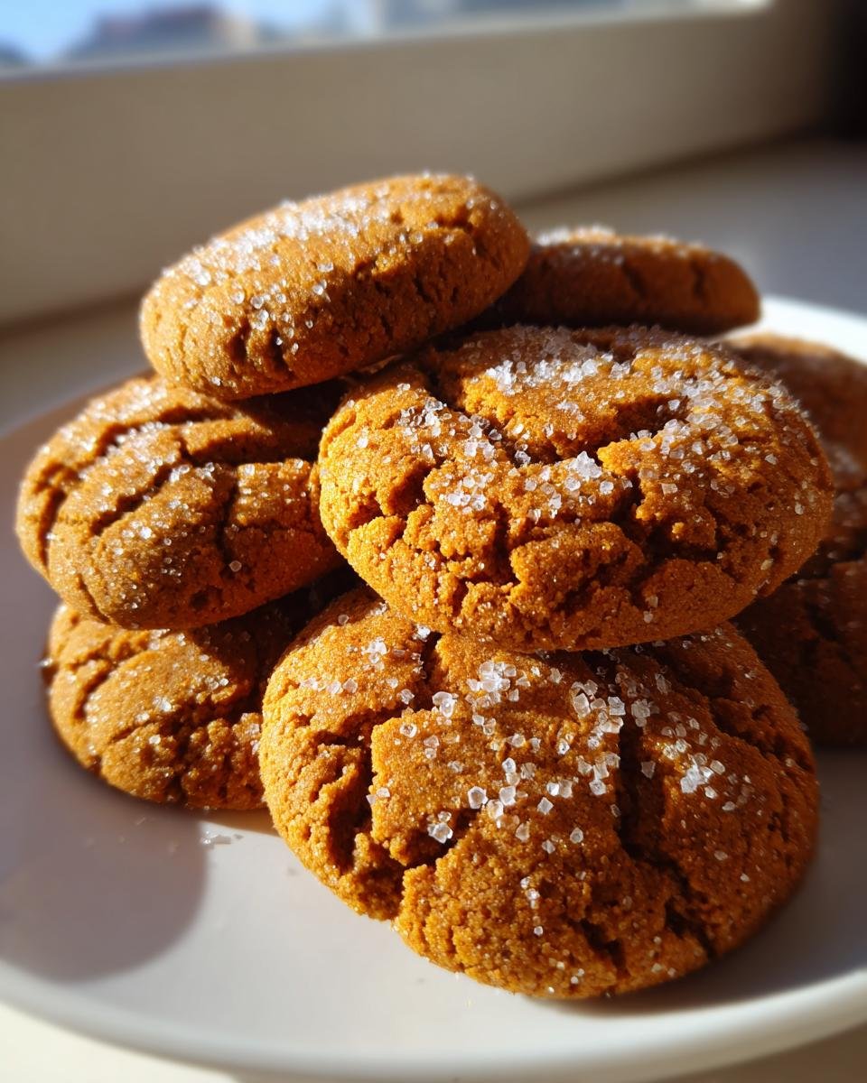 A close-up stack of soft, cracked Pumpkin Pie Cookies topped with coarse sparkling sugar.