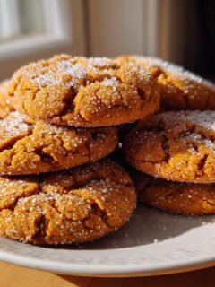 A stack of soft, crinkled Pumpkin Pie Cookies generously coated in sparkling granulated sugar.