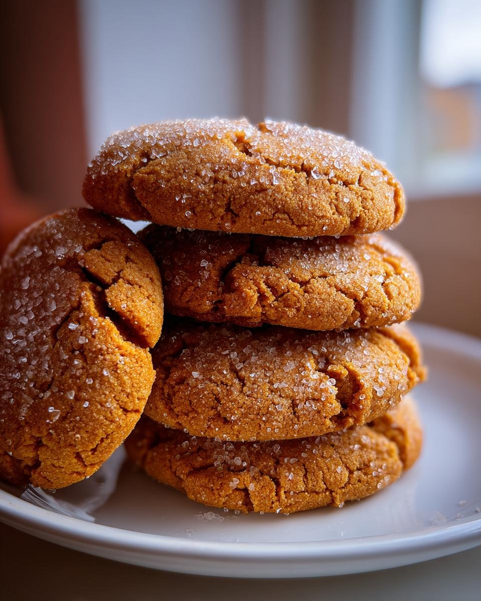 A stack of four soft, crinkled Pumpkin Pie Cookies generously coated in sparkling sugar crystals.