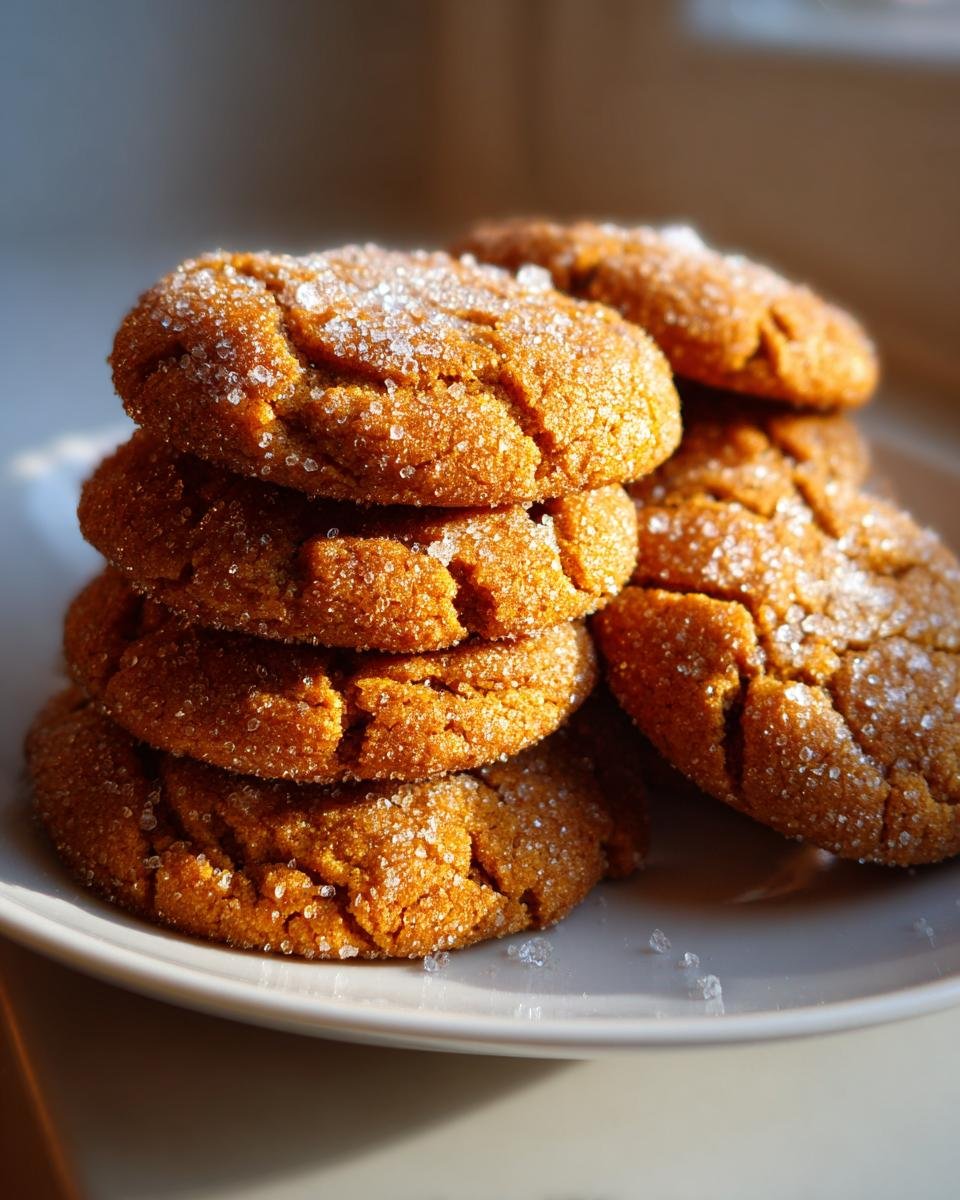 A stack of soft, crackled Pumpkin Pie Cookies generously coated in sparkling granulated sugar.