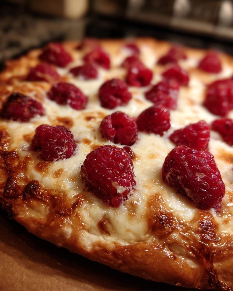 Close-up of a baked Raspberry Brie Dessert Pizza showing melted white cheese and bright red raspberries on a golden crust.