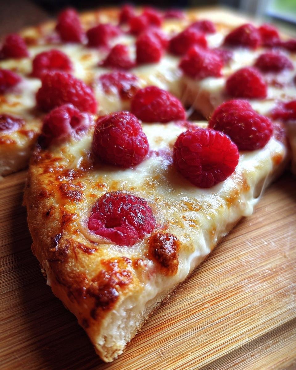 Close-up of a slice of Raspberry Brie Dessert Pizza showing melted cheese and bright red raspberries on a golden crust.