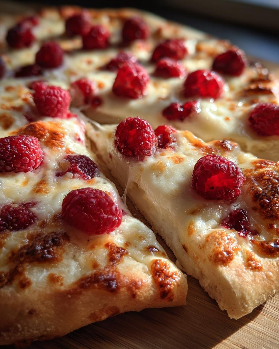 Close-up of two slices of warm Raspberry Brie Dessert Pizza topped with melted cheese and fresh raspberries.