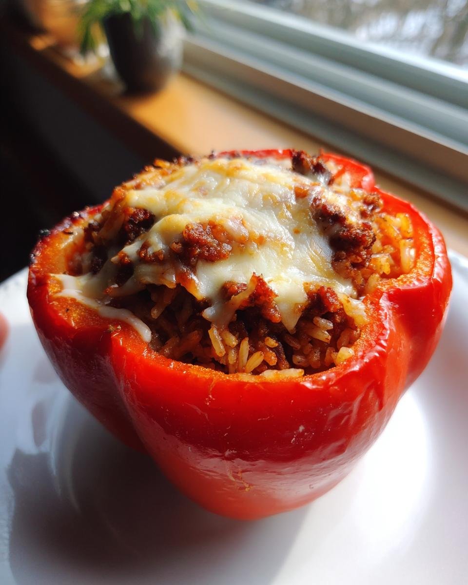 Close-up of a bright red stuffed peppers half, generously filled with rice and meat mixture and topped with melted white cheese.
