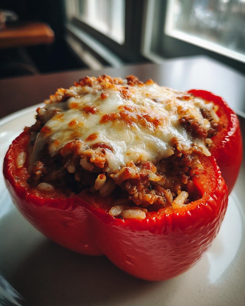 Close-up of a single, vibrant red stuffed peppers overflowing with savory meat and rice filling, topped with melted, browned cheese.