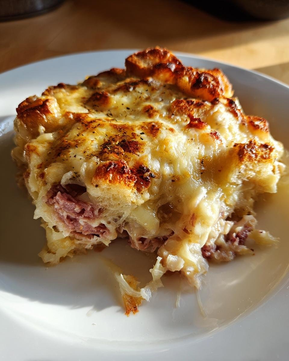 A close-up serving of a cheesy, baked Reuben Bake casserole with melted, browned cheese and visible corned beef.
