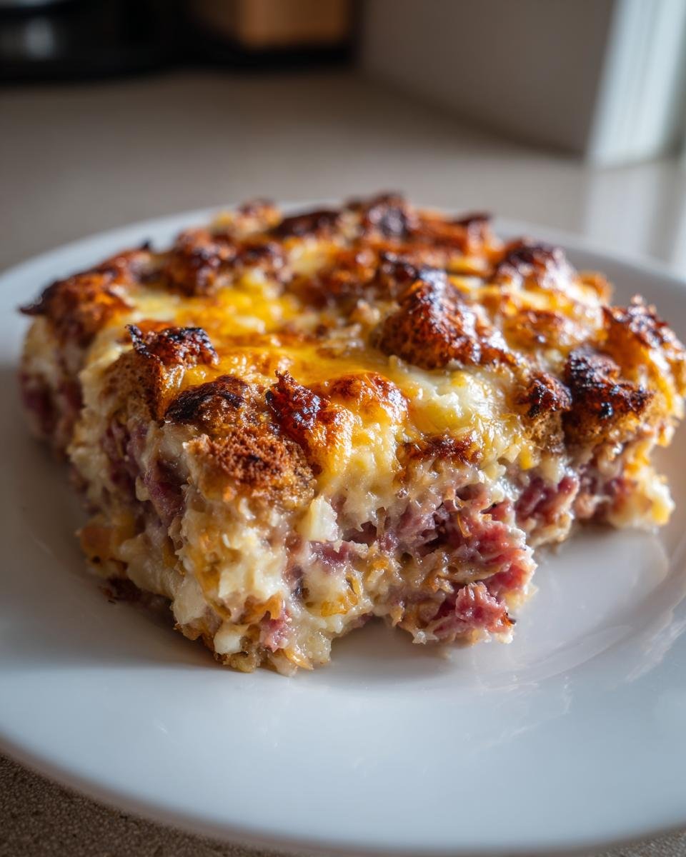 Close-up of a hearty serving of Reuben Bake on a white plate, showing melted cheese and corned beef filling.