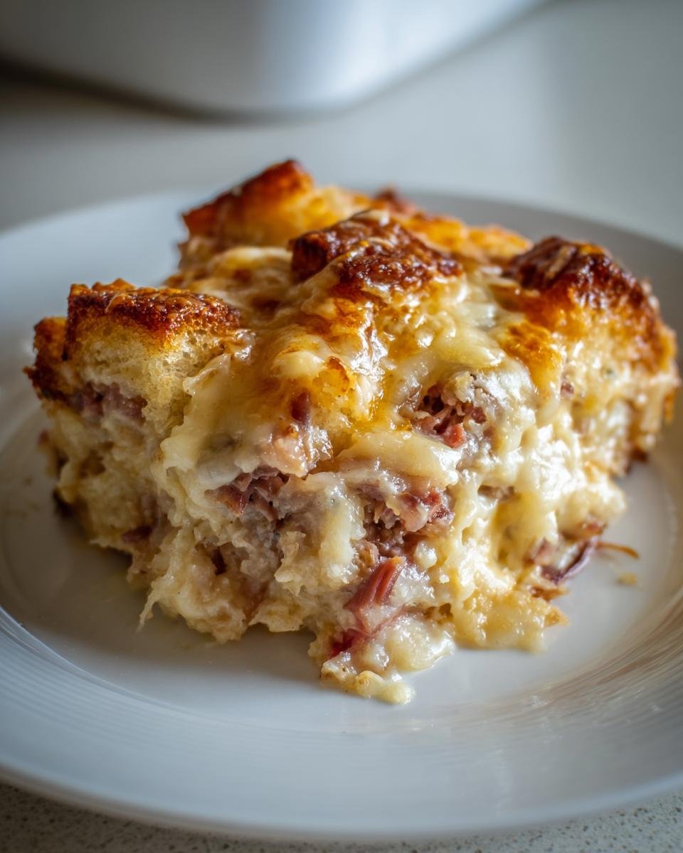 Close-up of a serving of Reuben Bake on a white plate, featuring melted cheese and corned beef.