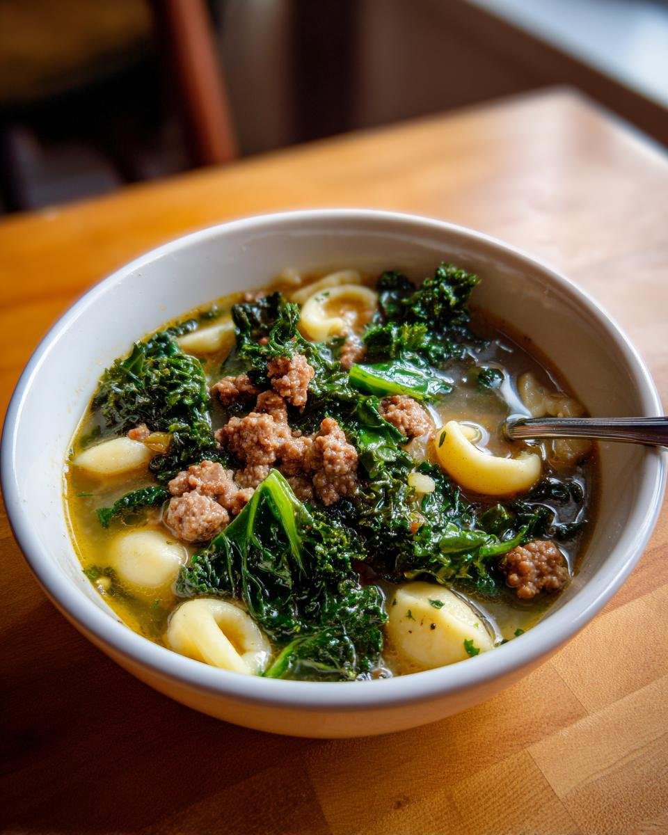 Close-up of a white bowl filled with Sausage Kale Soup, featuring crumbled sausage, bright green kale, and small pasta shapes.
