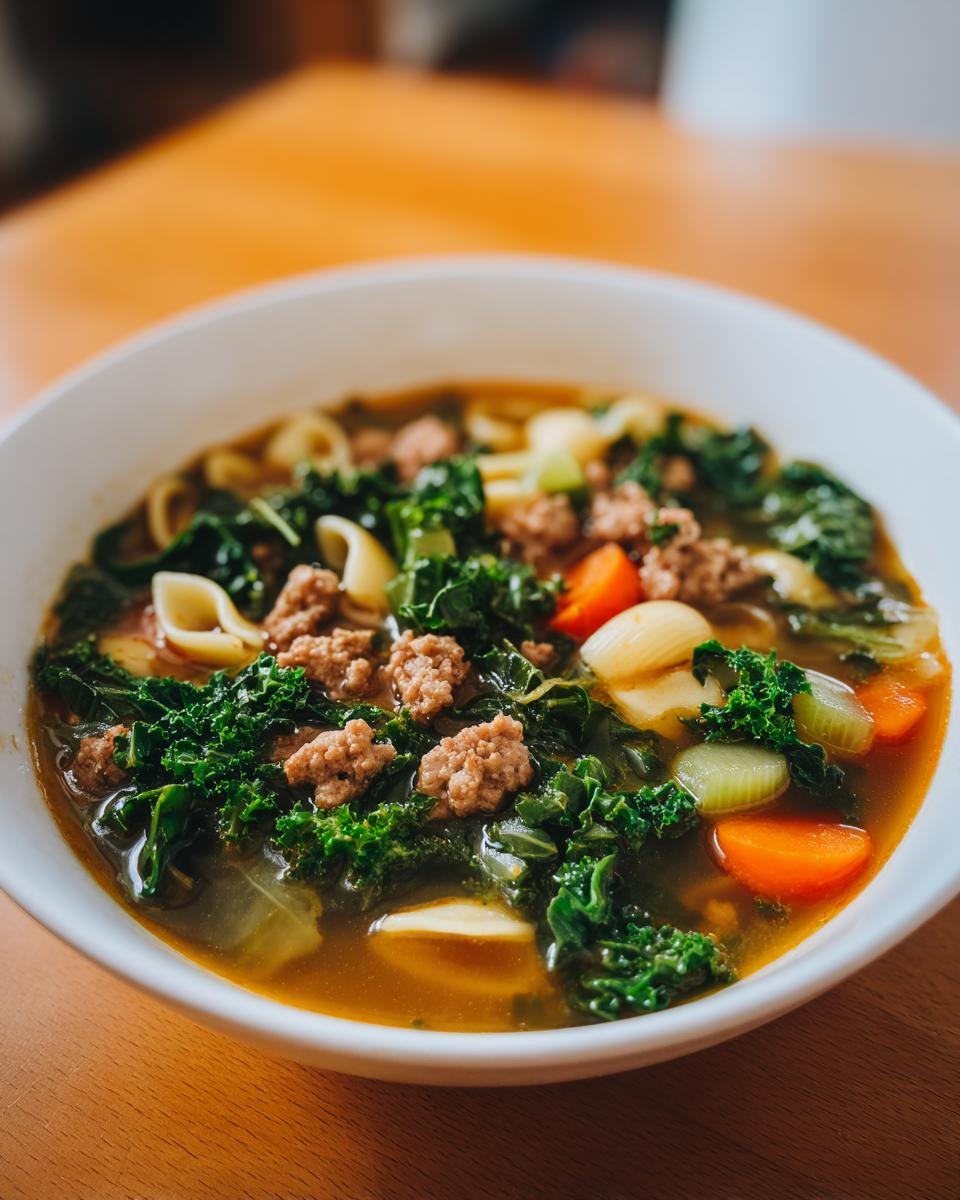 Close-up of a white bowl filled with rich Sausage Kale Soup, featuring crumbled sausage, bright green kale, carrots, and pasta.