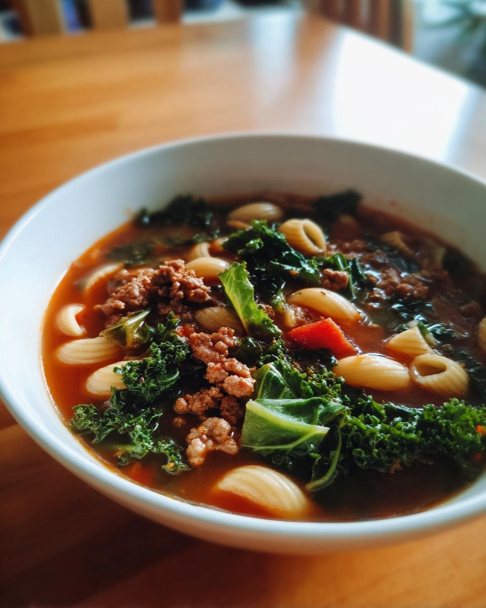 Close-up of a white bowl filled with rich Sausage Kale Soup, featuring ground sausage, bright green kale, and small pasta shells.