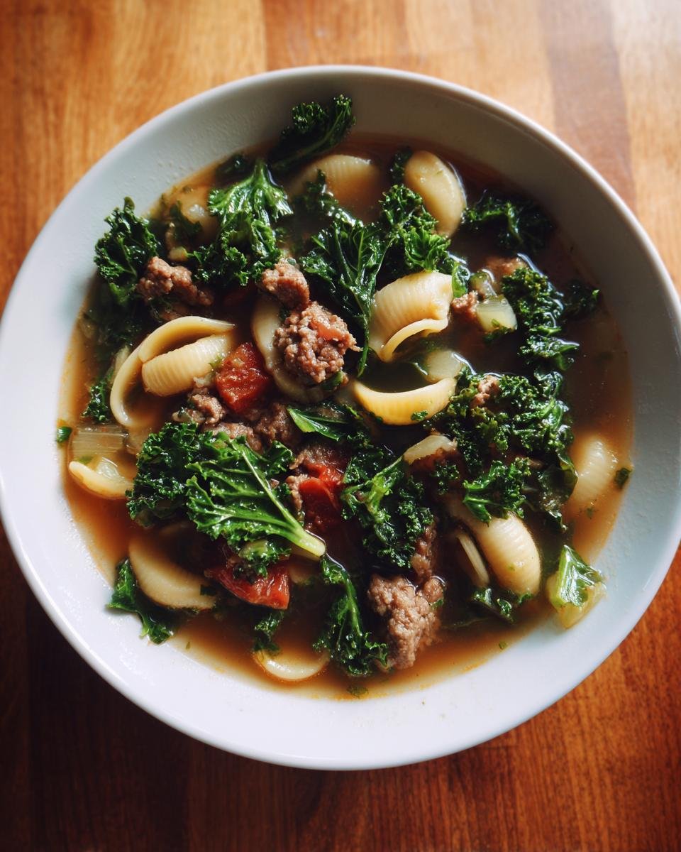 A white bowl filled with steaming Sausage Kale Soup, featuring ground sausage, shell pasta, and vibrant green kale.