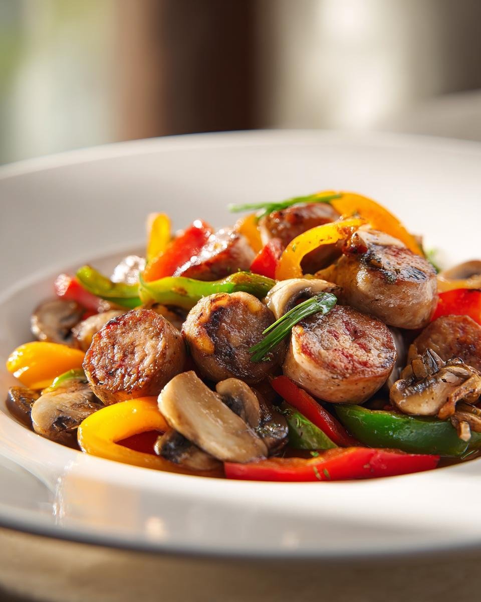 Close-up of a white bowl filled with a vibrant Sausage Skillet featuring browned sausage slices, saut&eacute;ed mushrooms, and colorful bell peppers.
