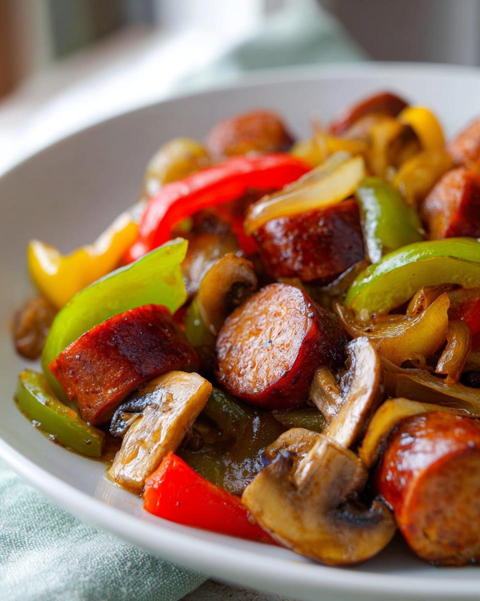 Close-up of a hearty Sausage Skillet featuring browned sausage slices, saut&eacute;ed mushrooms, and colorful bell peppers.