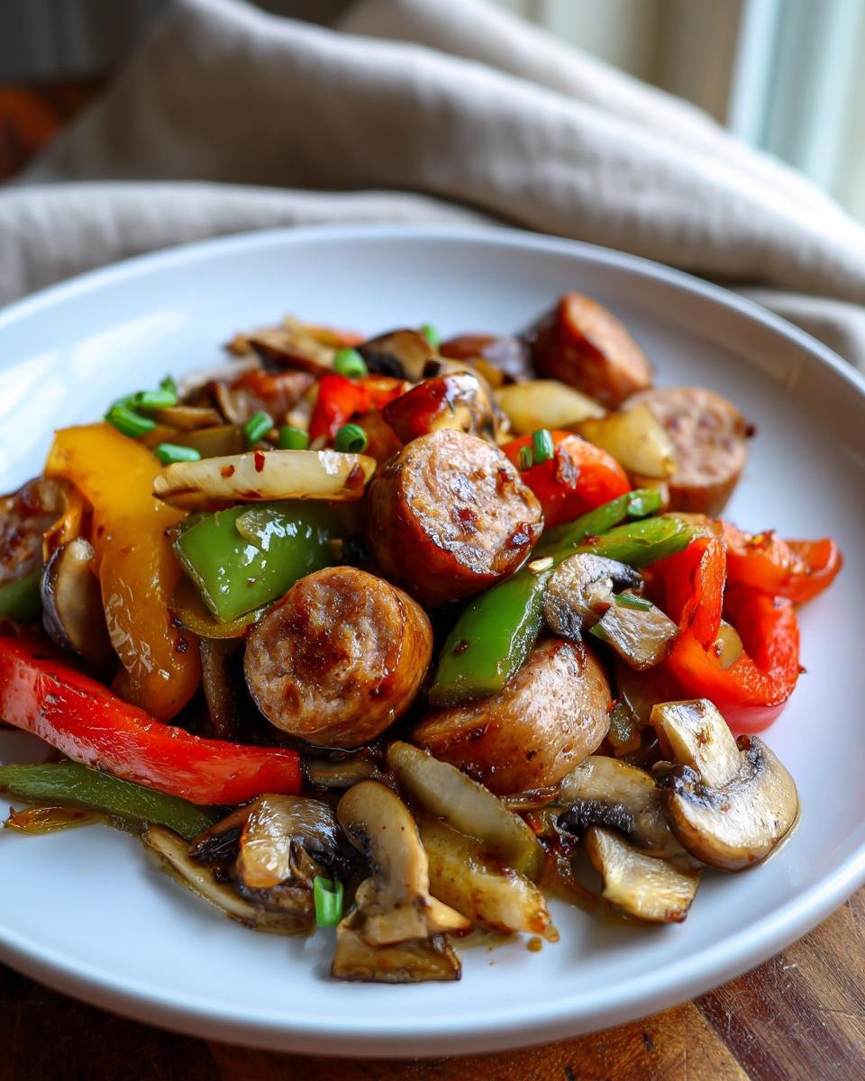 A close-up of a serving of Sausage Skillet featuring sliced sausage, saut&eacute;ed mushrooms, and colorful bell peppers.