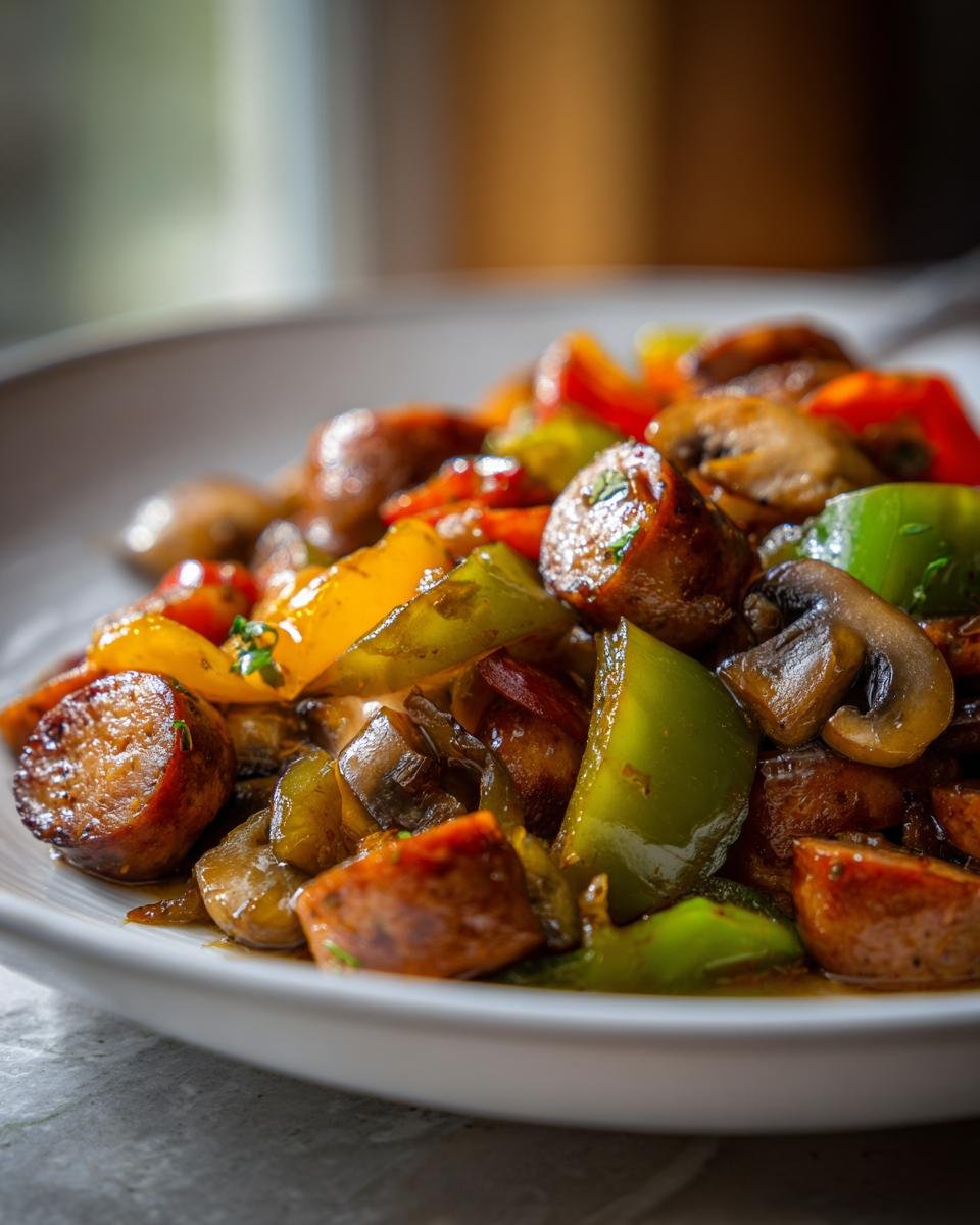 Close-up of a white bowl filled with a vibrant Sausage Skillet featuring browned sausage slices, green peppers, yellow peppers, and mushrooms.