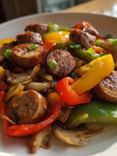 A close-up serving of a vibrant Sausage Skillet featuring sliced, browned sausage mixed with colorful bell peppers and onions.
