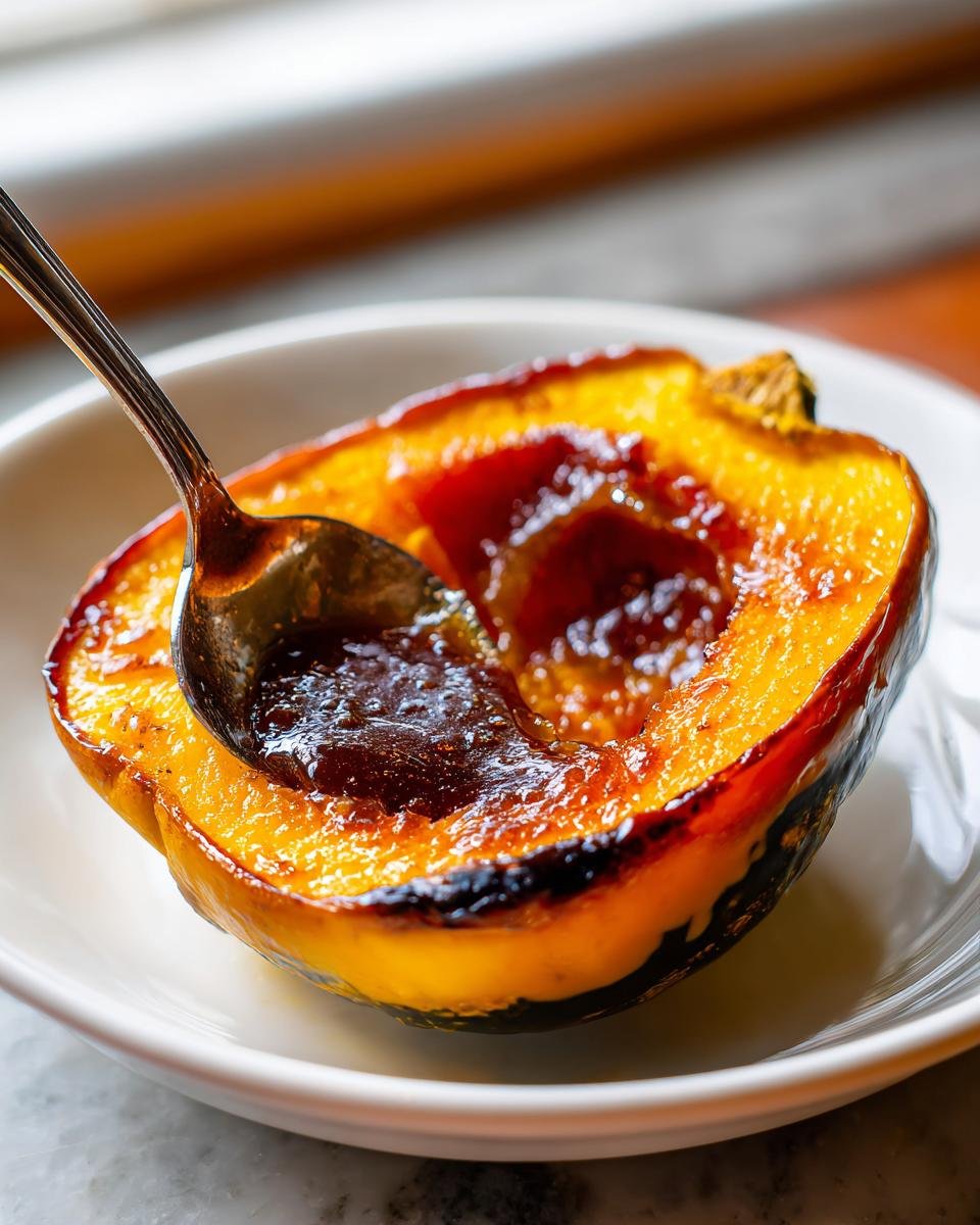 Close-up of a baked acorn squash half filled with dark, caramelized glaze, being scooped with a spoon, showcasing Candied Acorn Squash.
