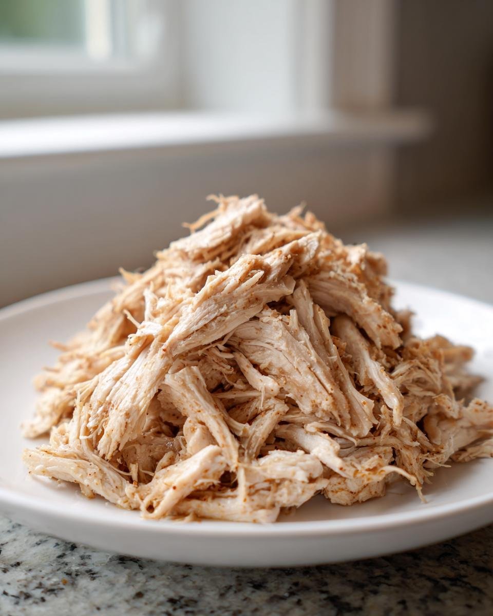 A mound of perfectly shredded Crockpot Chicken seasoned lightly, resting on a white plate.