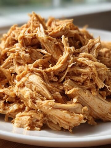Close-up of perfectly shredded Crockpot Chicken piled high on a white plate.
