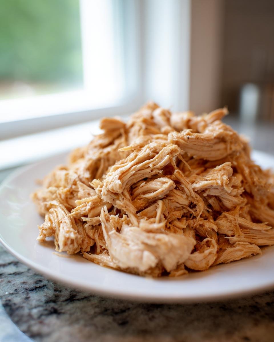 A close-up of a mound of tender, shredded Crockpot Chicken served on a white plate.