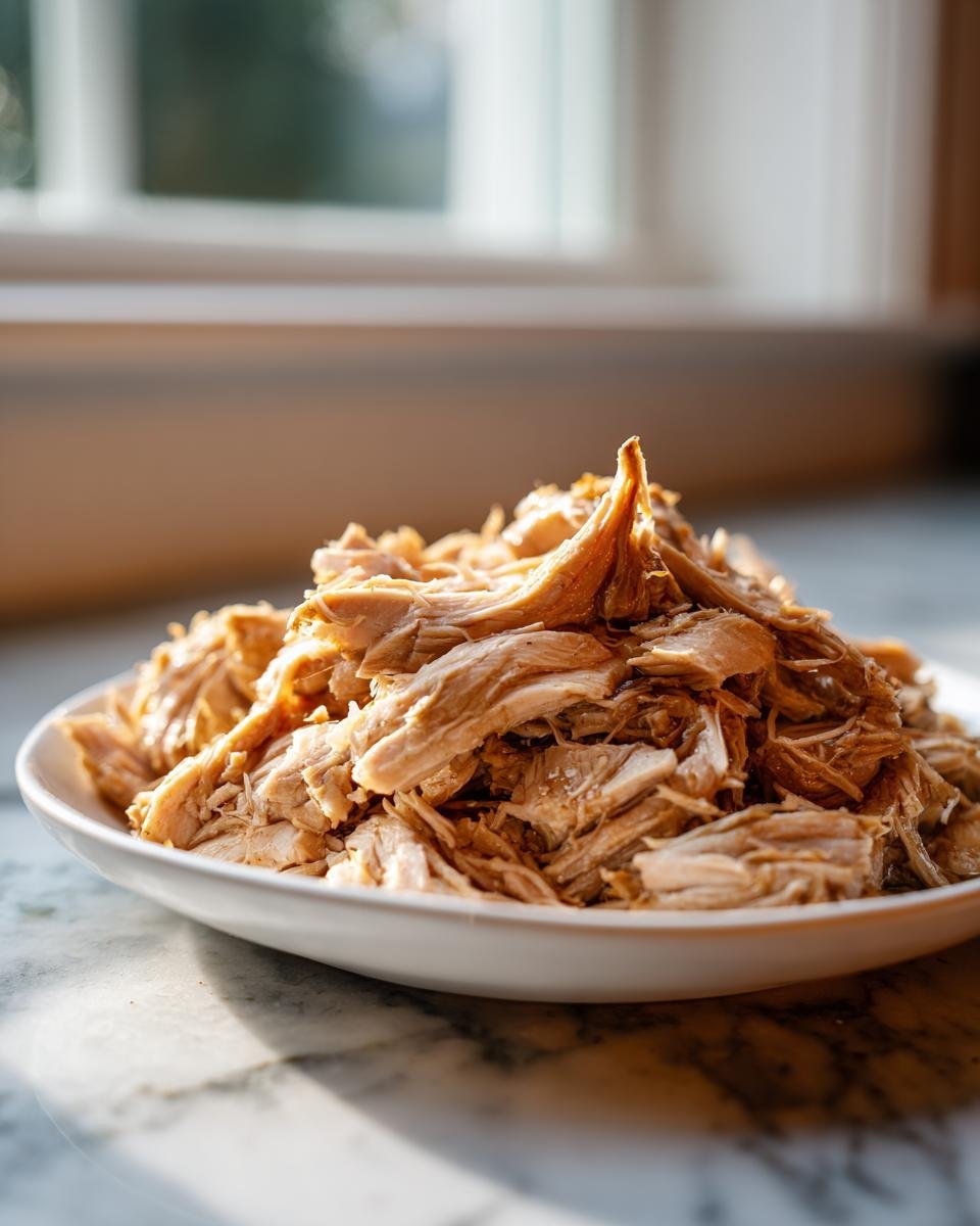 A white plate piled high with perfectly shredded Crockpot Chicken, illuminated by natural light.