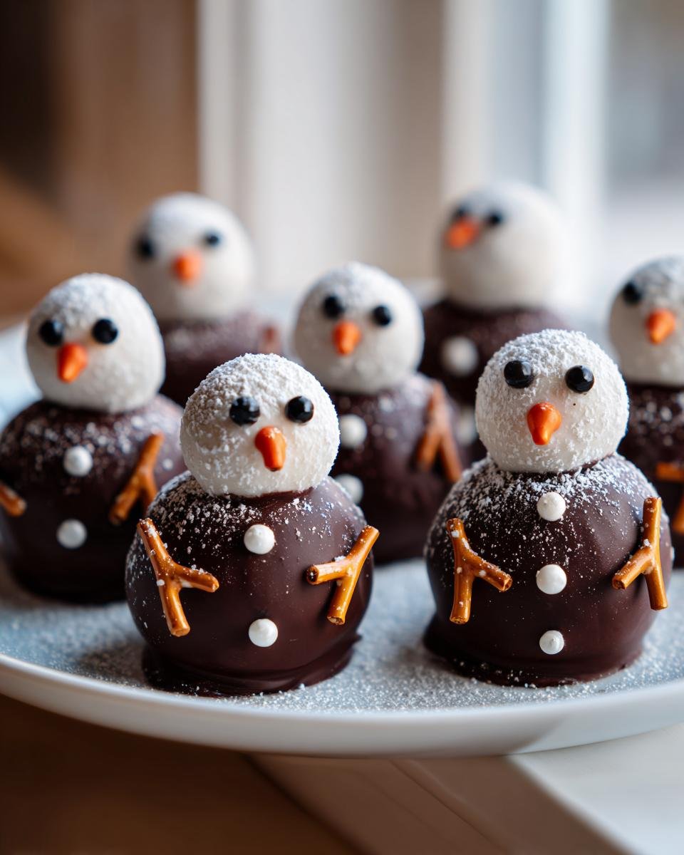 Several adorable Snowmen Truffles made with chocolate bodies and coconut heads, decorated with pretzel arms.
