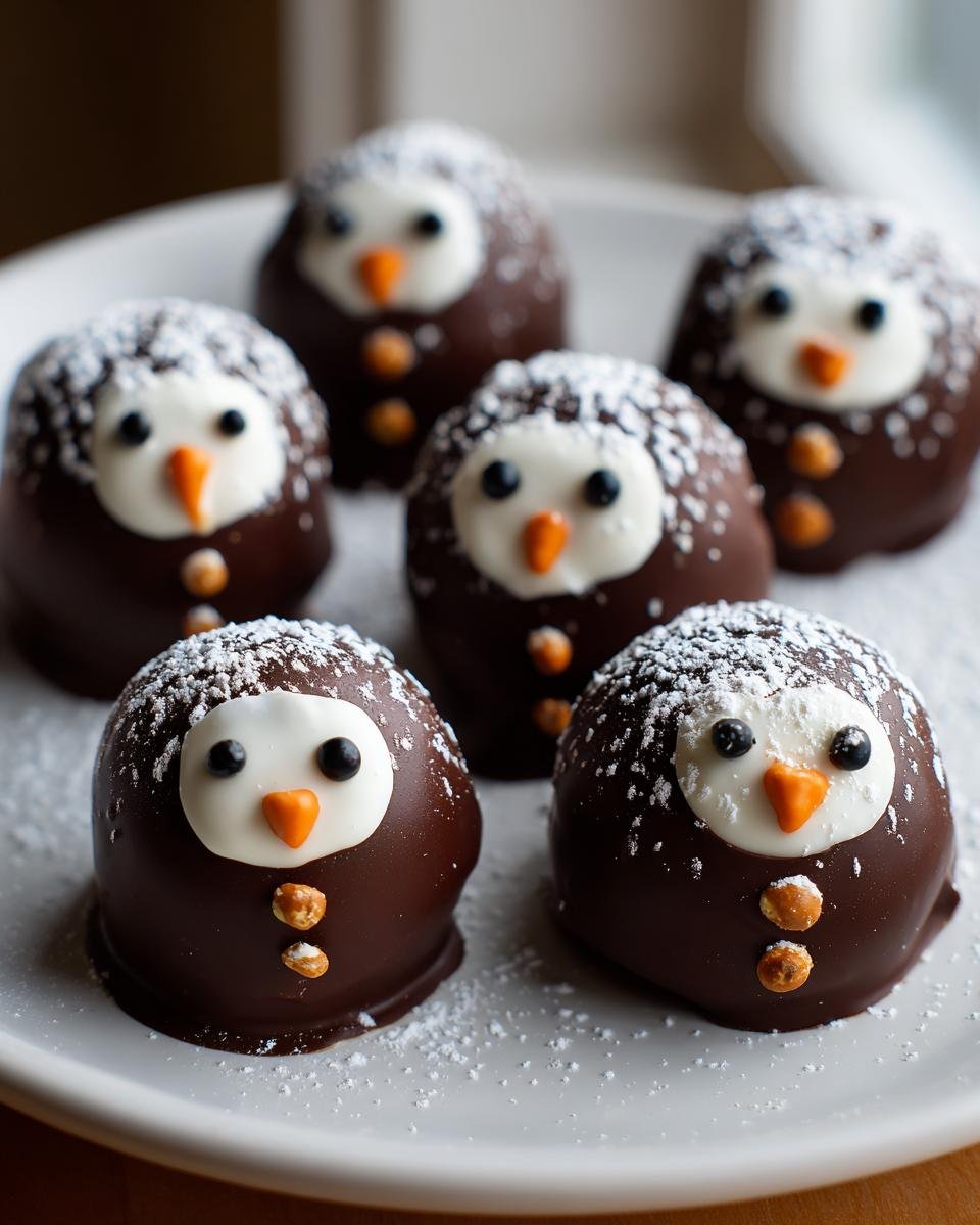 Six chocolate-covered Snowmen Truffles decorated with white faces, orange noses, and powdered sugar 'snow' on a white plate.