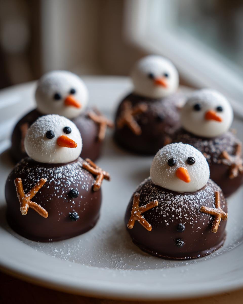 Four adorable Snowmen Truffles made with chocolate bodies, white heads, pretzel arms, and orange noses, dusted with powdered sugar.