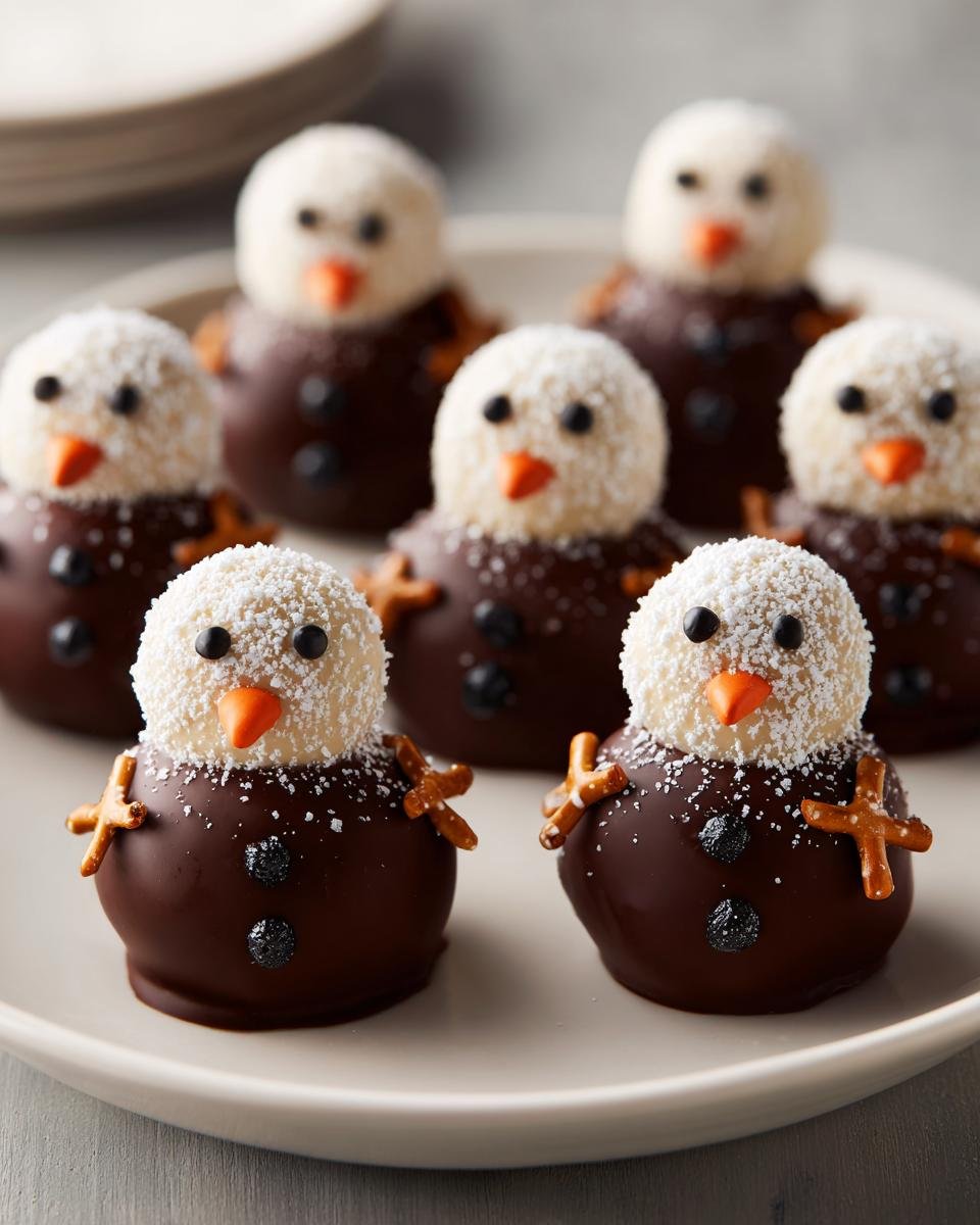 A plate of adorable Snowmen Truffles decorated with chocolate, coconut, and pretzel arms.