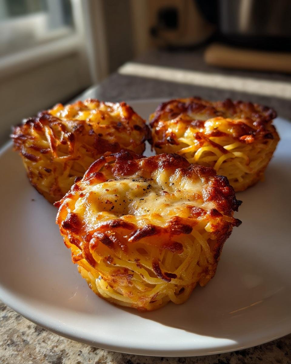 Three golden brown, baked Spaghetti Worm Cups topped with melted, slightly browned cheese.