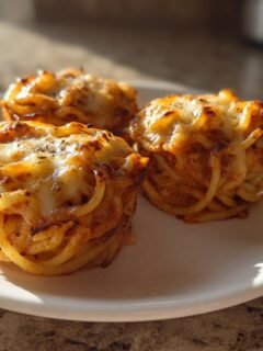 Three golden-brown Spaghetti Worm Cups topped with melted, slightly browned cheese on a white plate.