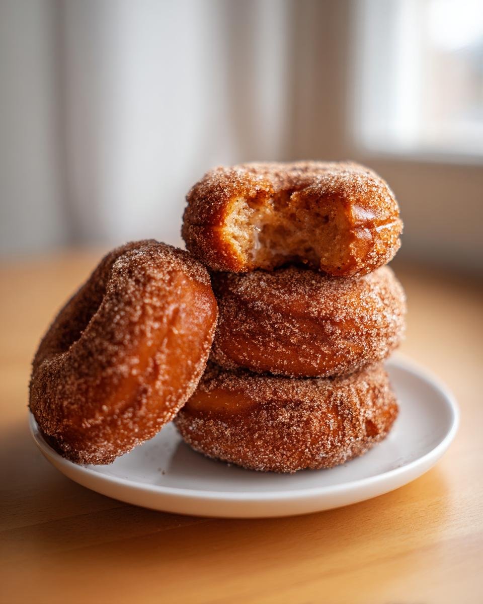 A stack of four freshly made Apple Cider Donuts coated in cinnamon sugar, with the top one having a bite taken out.